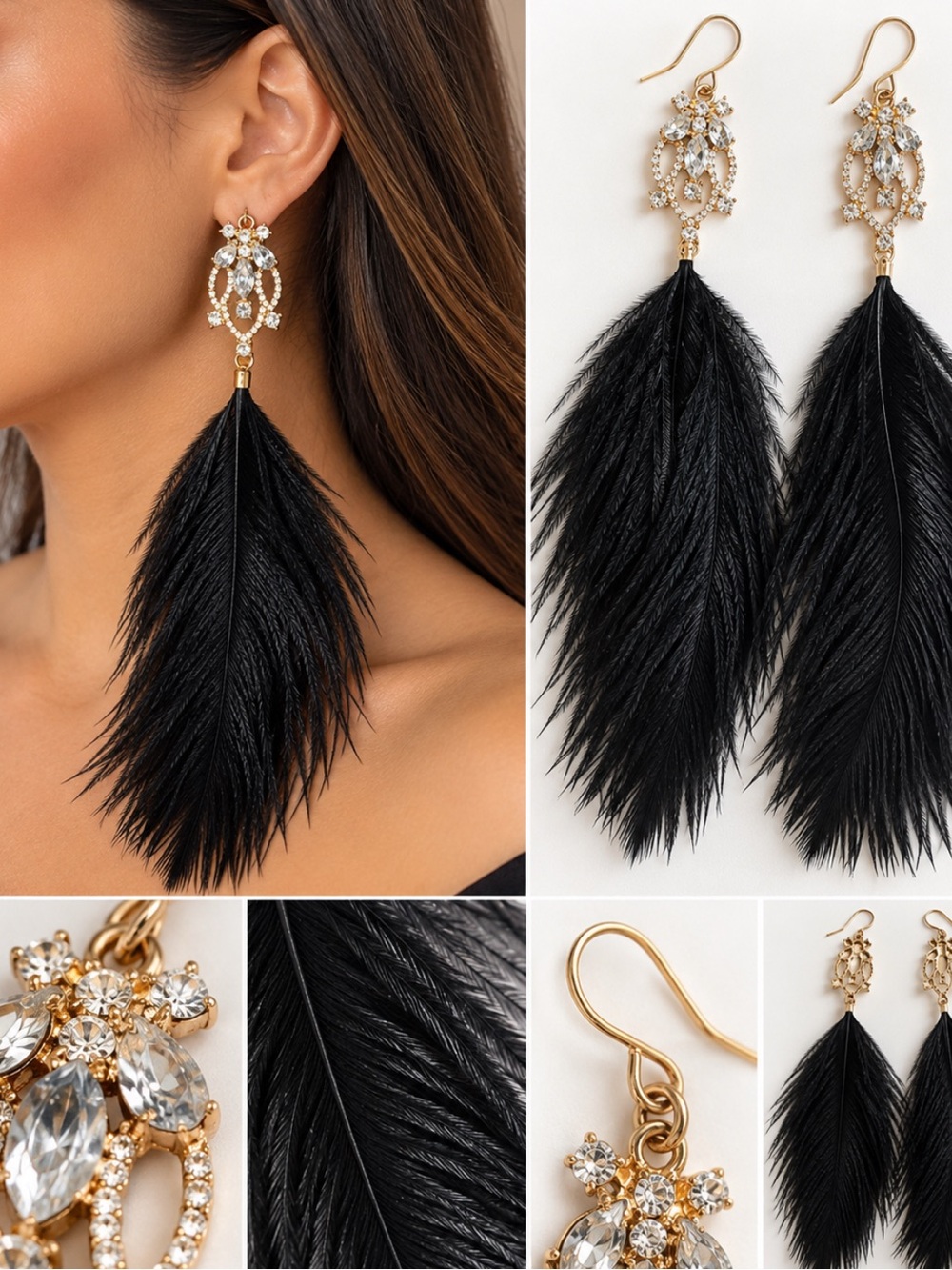 Gold Crystal Filigree Black Feather Drop Earrings